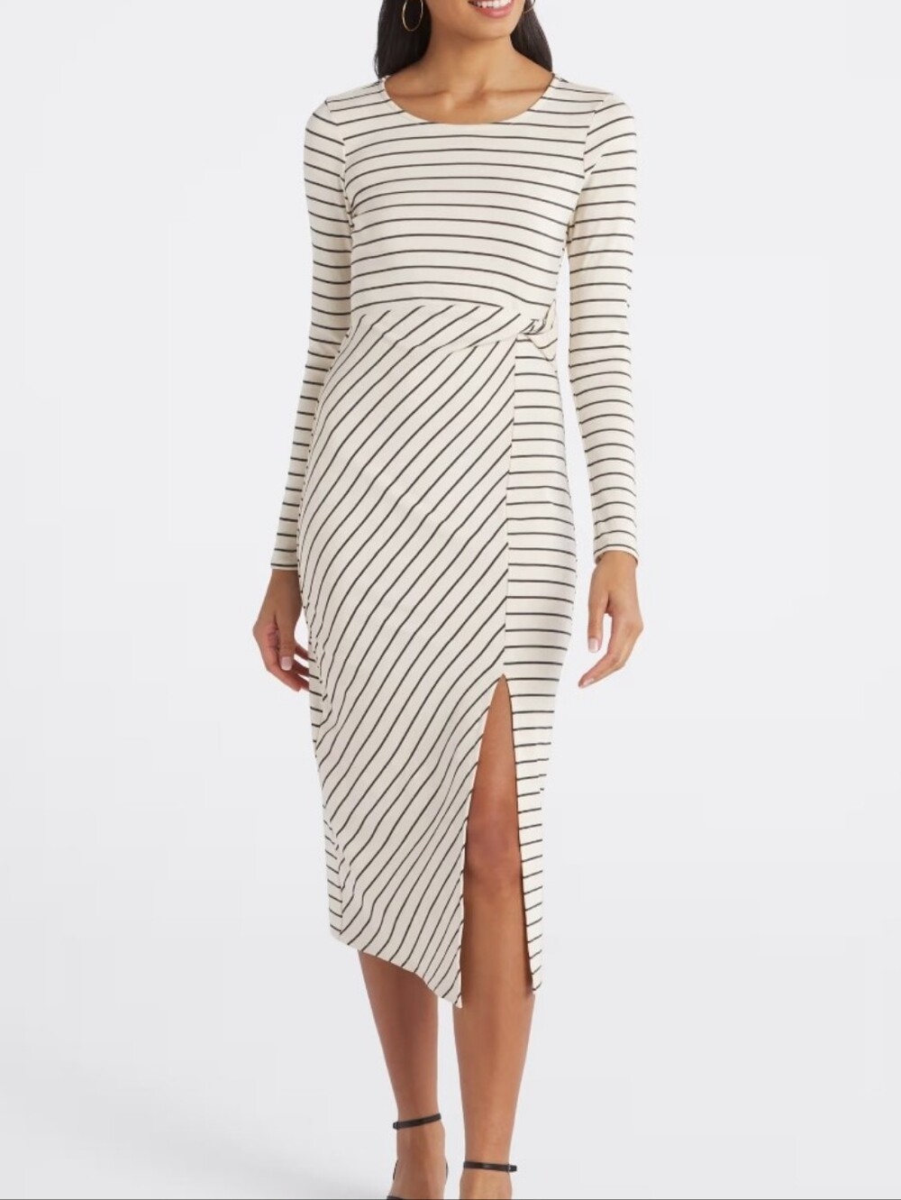 NWT Kaileigh Striped Long-Sleeve Dress Front Slit - Cream/Black, Size L